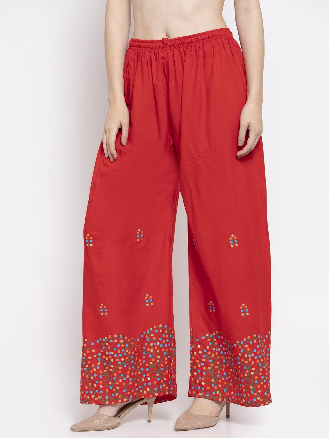 Red rayon printed palazzo with elastic waistband for a stylish fit.