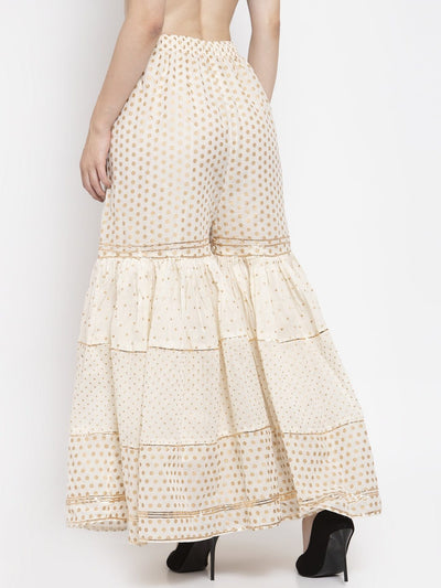 Off-White Gotta Gharara with golden embellishments and elastic waistband.