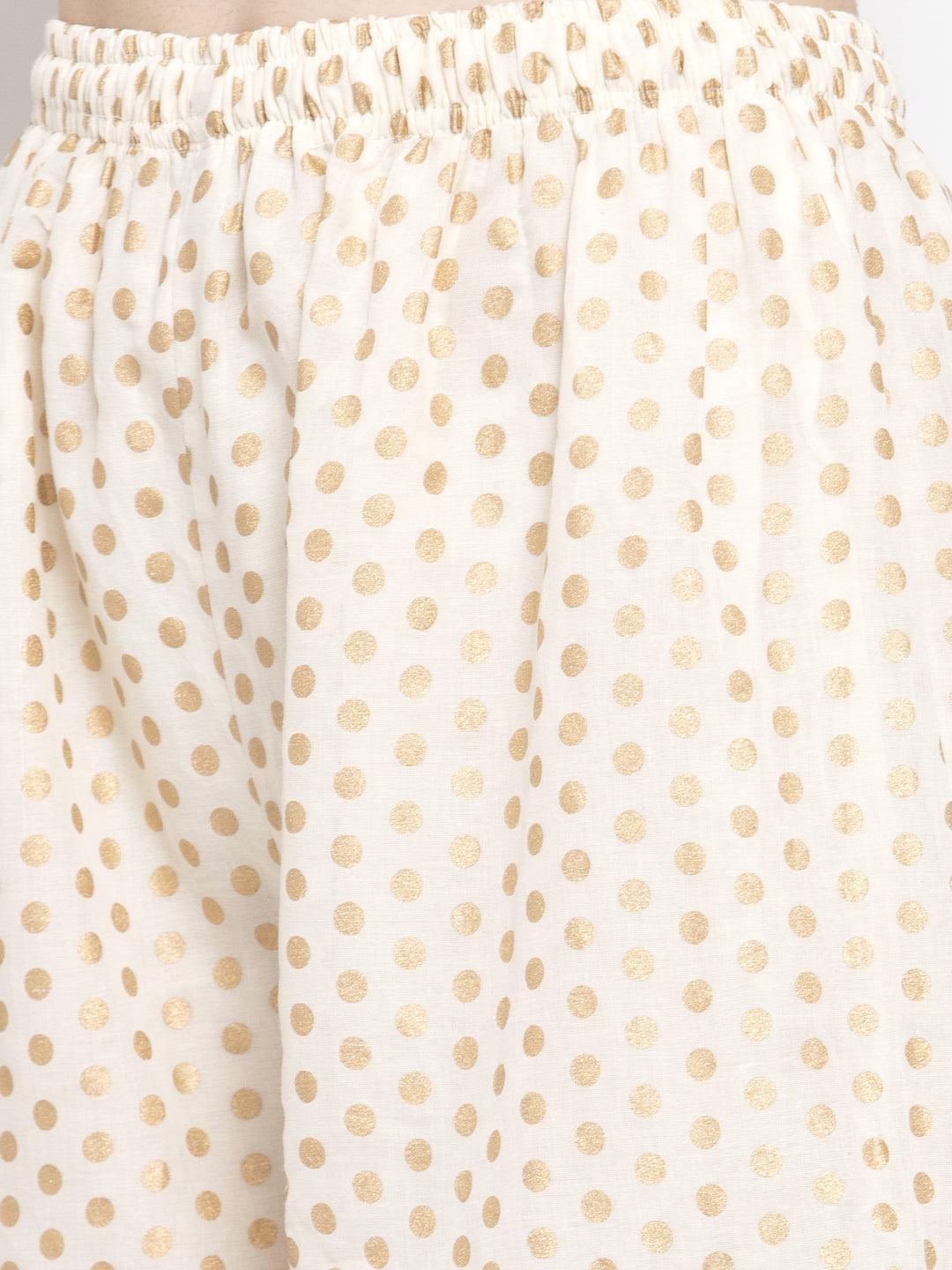 Off-White Gotta Gharara with gold polka dots and elastic waistband.