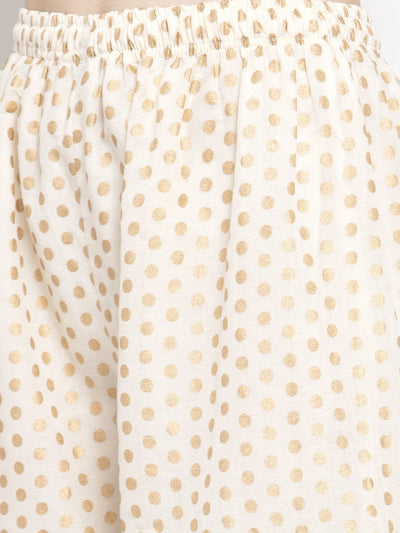 Off-White Gotta Gharara with gold polka dots and elastic waistband.