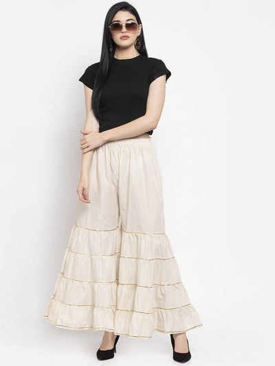 Off-White Gotta Patti Cotton Gharara with elastic waistband and tiered design.