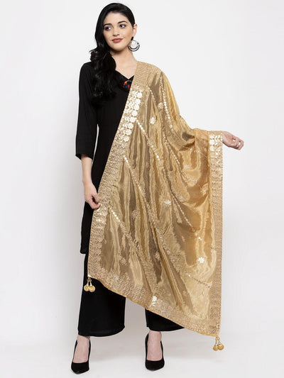 Fawn Gotta Patti silk dupatta styled with black kurta and palazzo set.