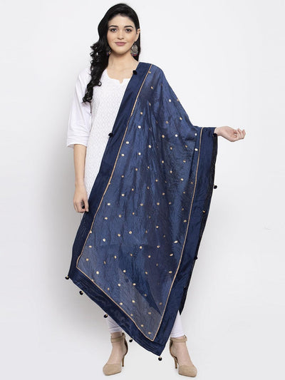 Navy Blue Polka Dots Silk Dupatta with ethnic design displayed on model.