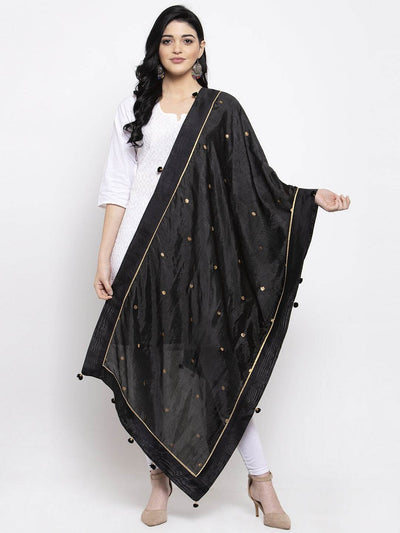 Black polka dots silk dupatta with elegant ethnic design from Clora Creation.