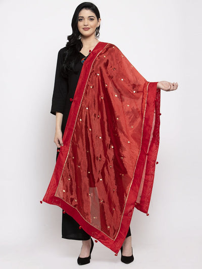 Red Polka Dots Silk Dupatta with elegant ethnic design displayed by model.