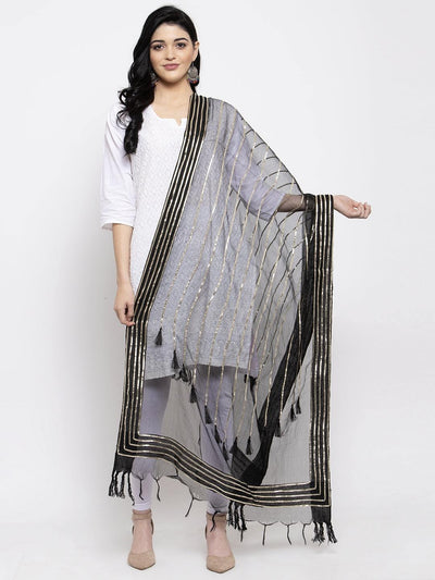 Black & Silver Organza Dupatta with ethnic design.