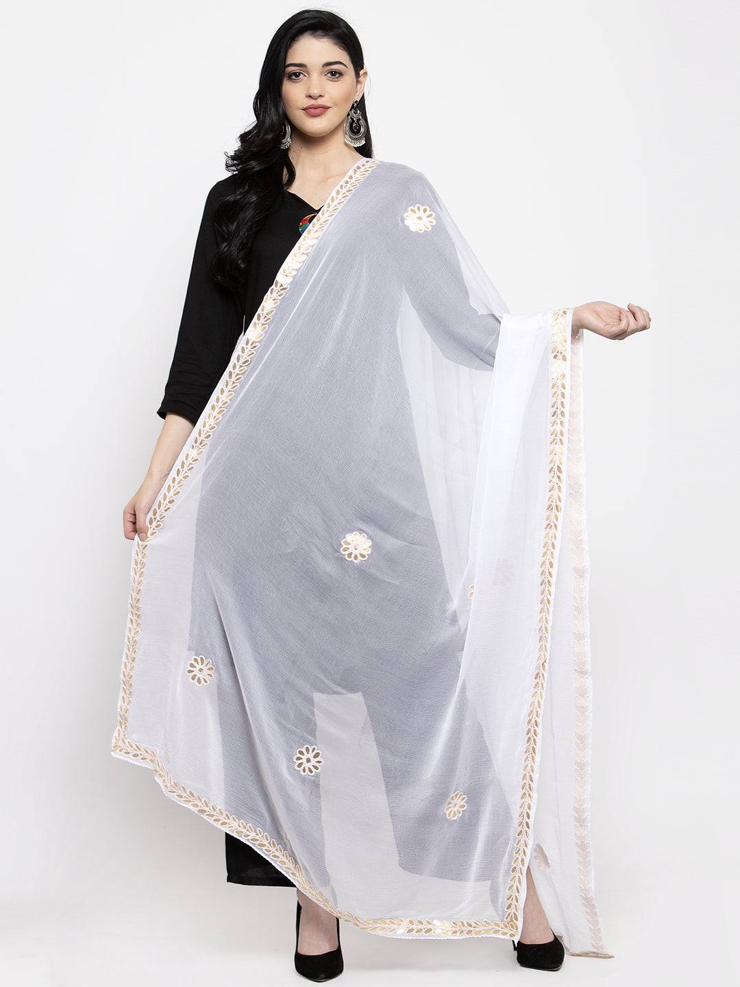Whte Gotta Patti Chiffon Dupatta with elegant ethnic design.