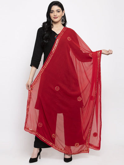 Red Gotta Patti Chiffon Dupatta styled with kurta set.