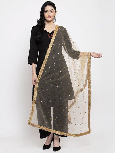 Golden Heavy Gotta Patti Net Dupatta styled with black kurta set.