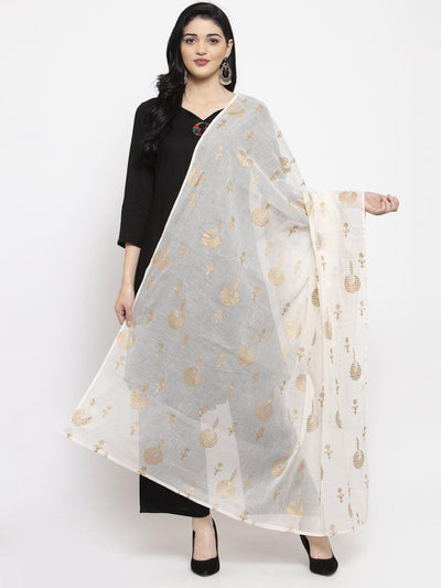White printed cotton dupatta styled with black kurta set.