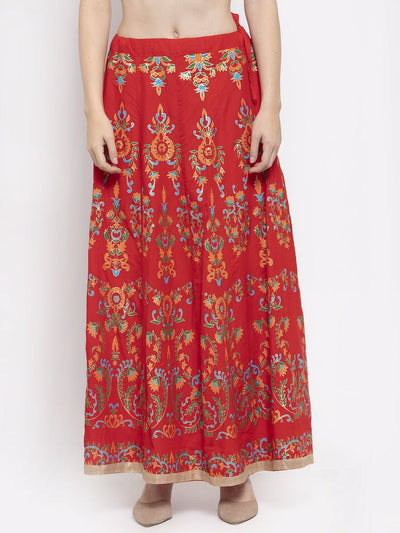 Red printed flared rayon maxi skirt with intricate patterns.
