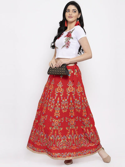 Red printed flared rayon maxi skirt with intricate patterns for women.