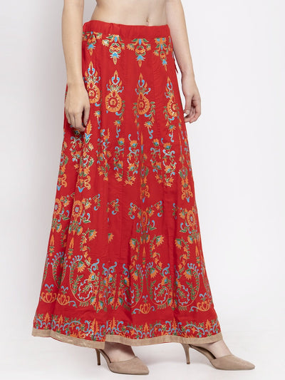 Red printed flared rayon maxi skirt for women, featuring intricate designs and comfortable fit.