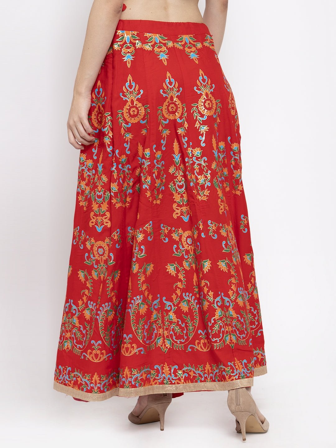 Red printed flared rayon maxi skirt with intricate designs.
