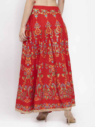 Red printed flared rayon maxi skirt with intricate designs.