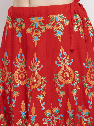 Red printed flared rayon maxi skirt with colorful floral patterns.