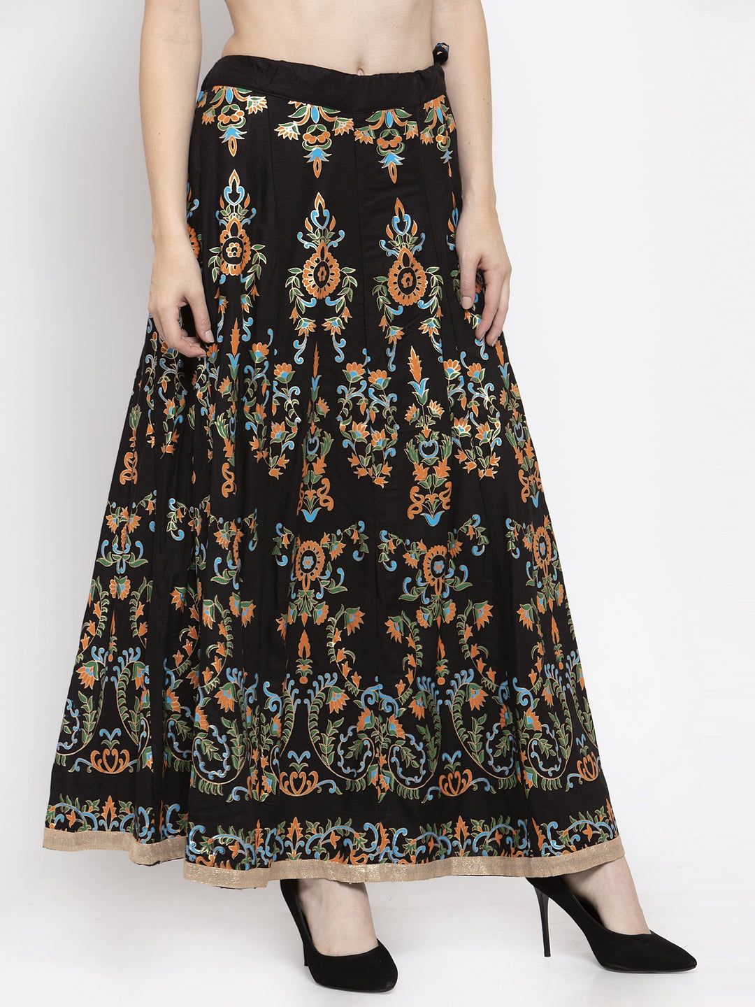 Clora Black Printed Flared Rayon Maxi Skirt