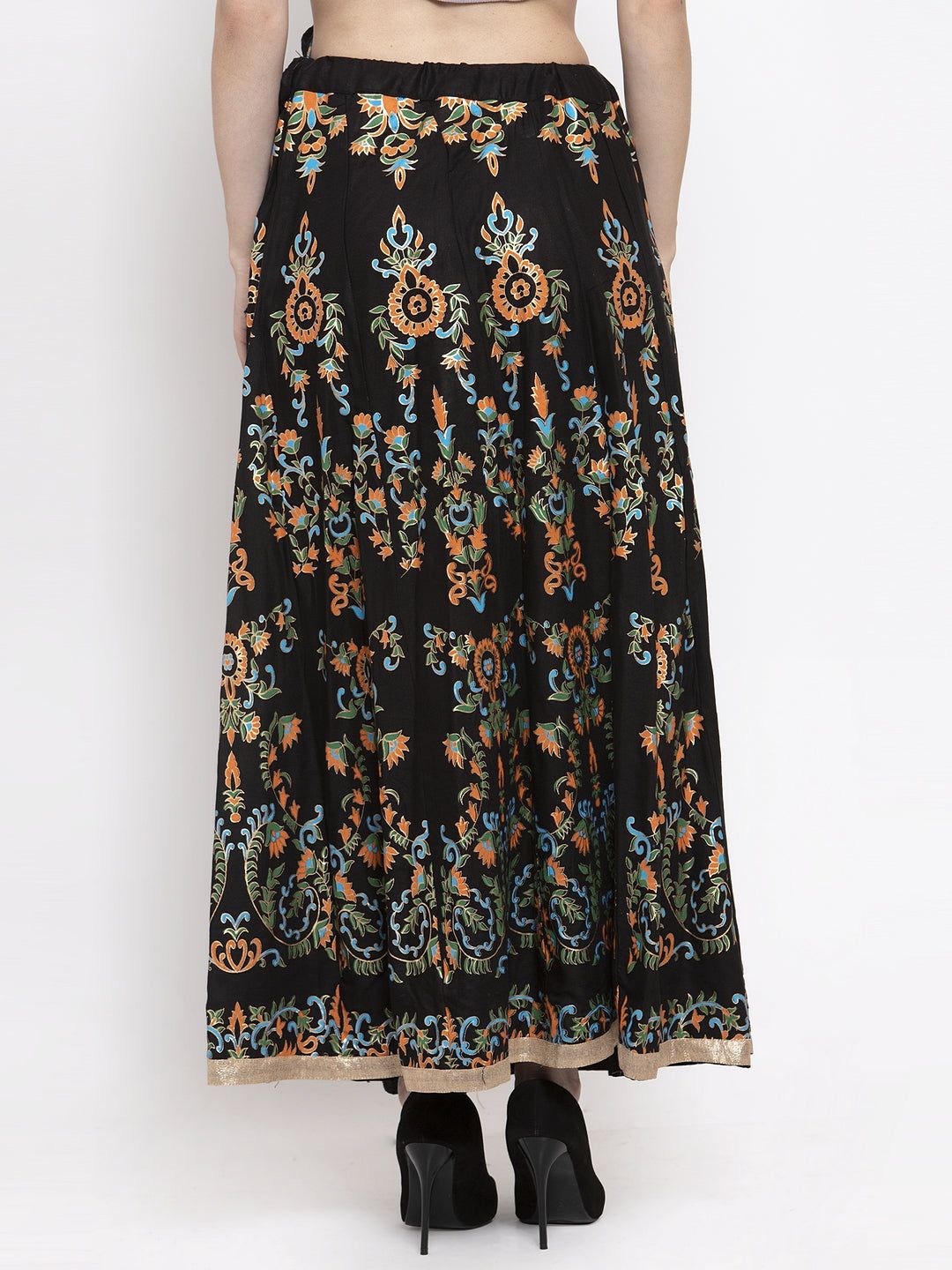 Black Printed Flared Rayon Maxi Skirt