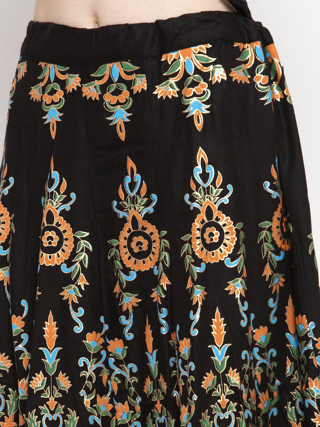 Clora Black Printed Flared Rayon Maxi Skirt