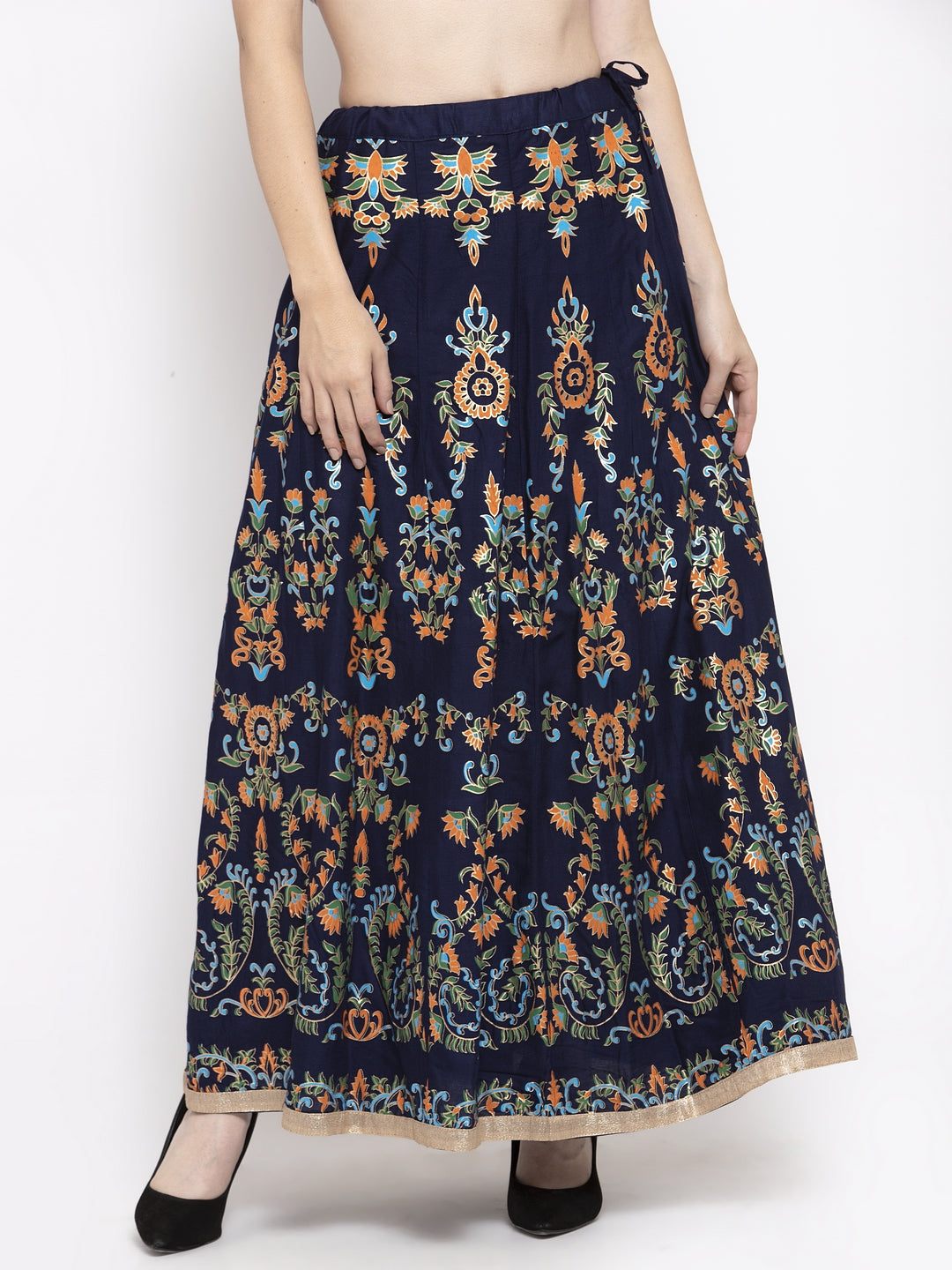 Navy blue printed flared rayon maxi skirt for women.