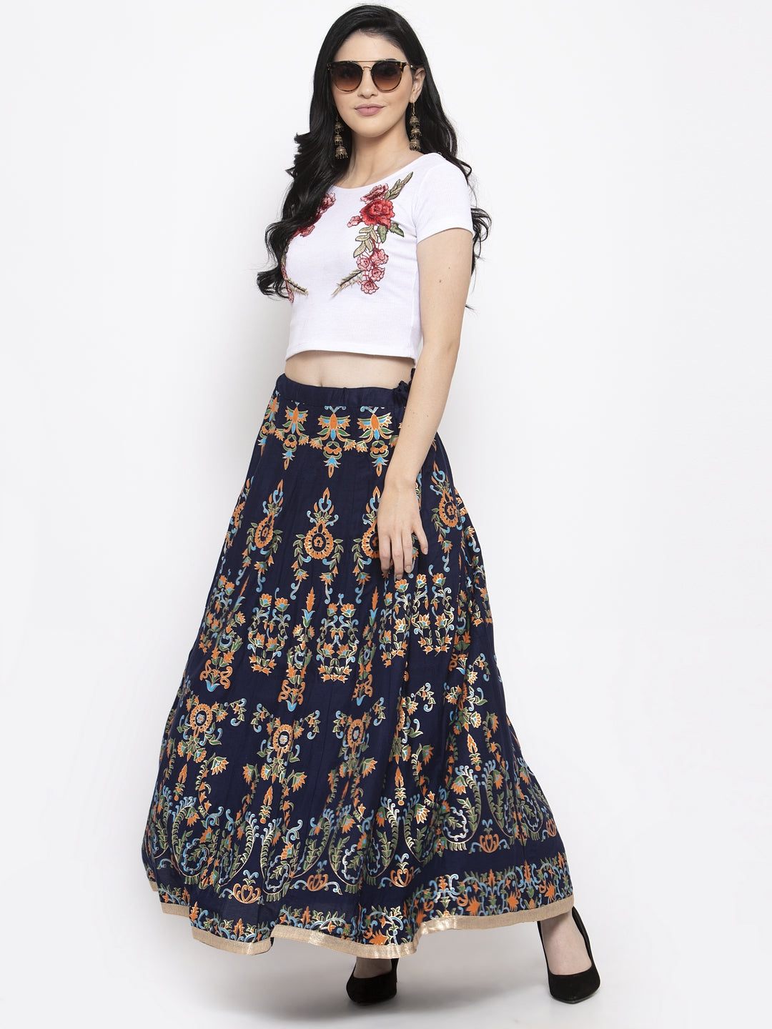 Navy Blue Printed Flared Rayon Maxi Skirt with floral design.