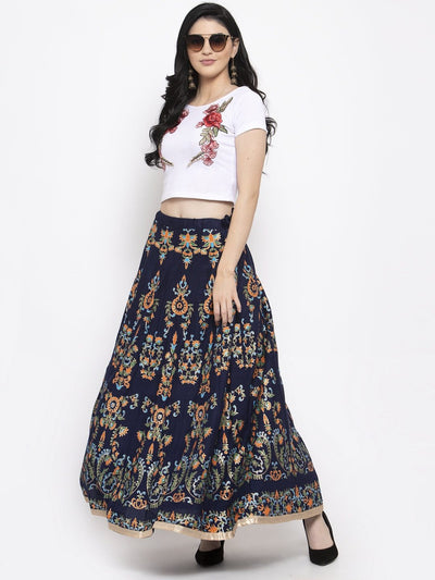 Navy Blue Printed Flared Rayon Maxi Skirt with floral design.