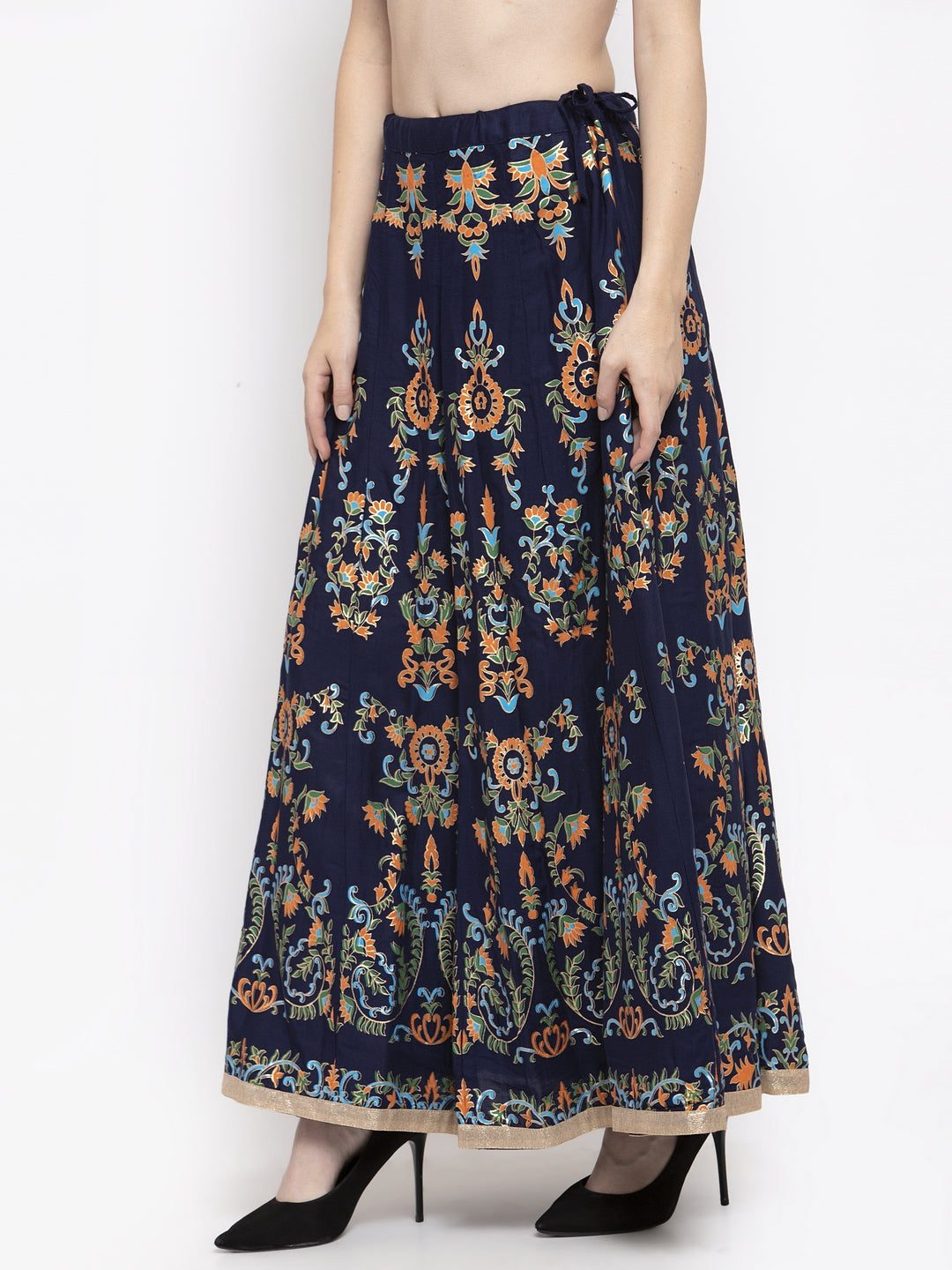 Clora Navy Blue Printed Flared Rayon Maxi Skirt