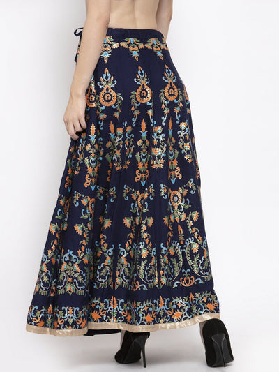 Clora Navy Blue Printed Flared Rayon Maxi Skirt