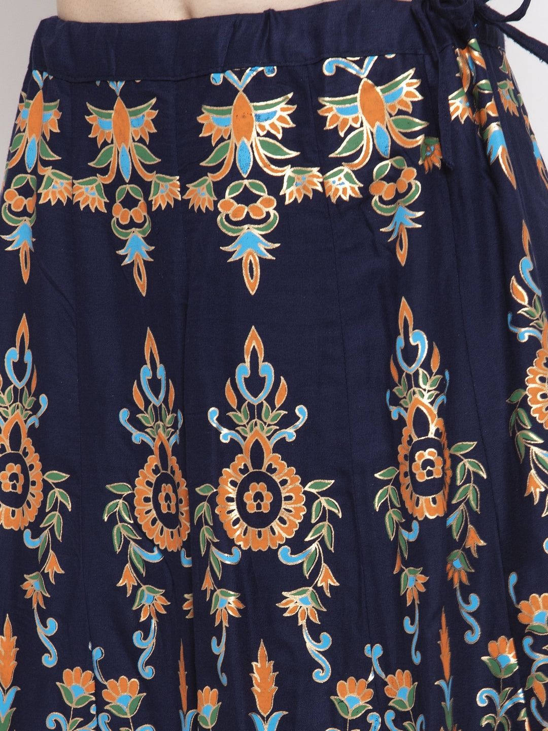 Navy blue printed flared rayon maxi skirt with floral design.