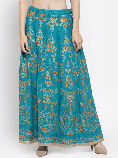 Clora Turquoise Printed Flared Rayon Maxi Skirt