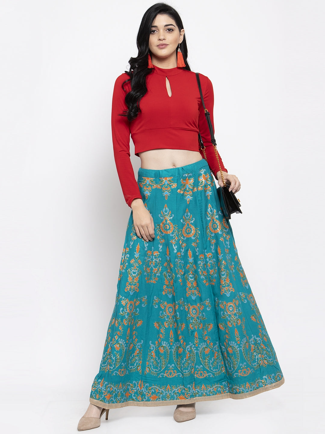 Clora Turquoise Printed Flared Rayon Maxi Skirt