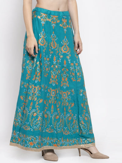Clora Turquoise Printed Flared Rayon Maxi Skirt
