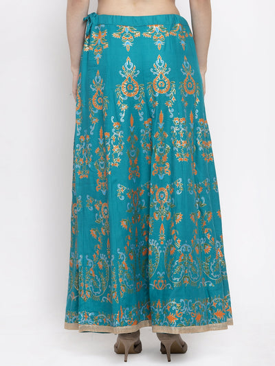 Clora Turquoise Printed Flared Rayon Maxi Skirt