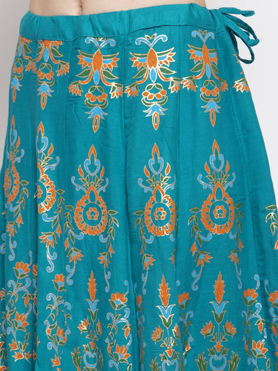 Clora Turquoise Printed Flared Rayon Maxi Skirt