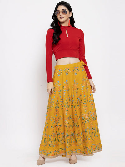 Clora Mustard Printed Flared Rayon Maxi Skirt