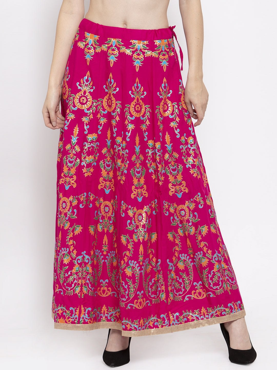 Magenta printed flared rayon maxi skirt with intricate patterns.