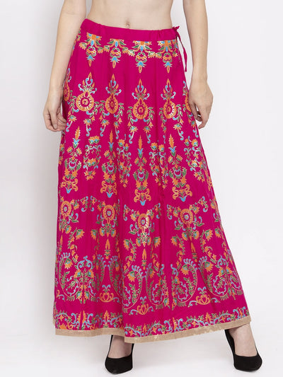 Magenta printed flared rayon maxi skirt with intricate patterns.