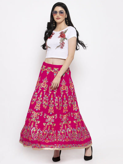 Magenta printed flared rayon maxi skirt for women displaying comfort and style.