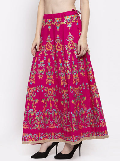 Magenta printed flared rayon maxi skirt for women.