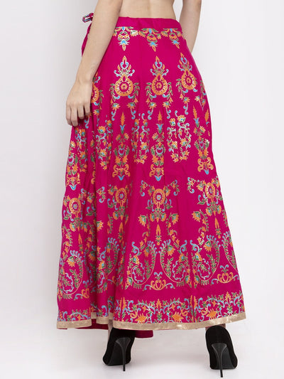 Magenta printed flared rayon maxi skirt for women with vibrant patterns.