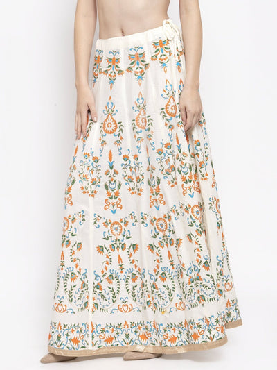 Cream printed flared rayon maxi skirt with floral patterns.