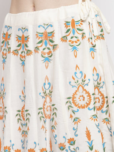 Cream printed flared rayon maxi skirt with vibrant floral patterns.