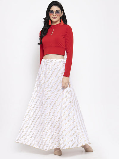 Clora White Printed Flared Rayon Maxi Skirt