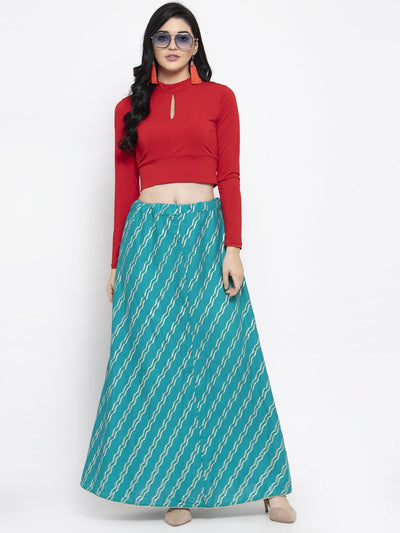 Clora Turquoise Printed Flared Rayon Maxi Skirt