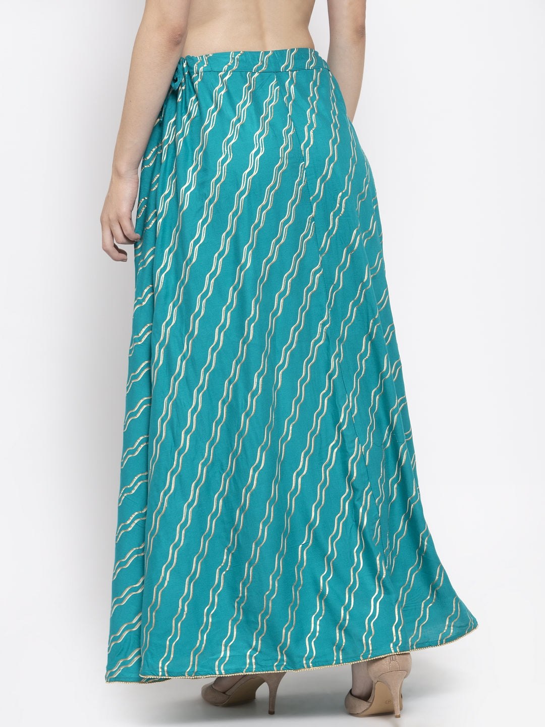 Clora Turquoise Printed Flared Rayon Maxi Skirt