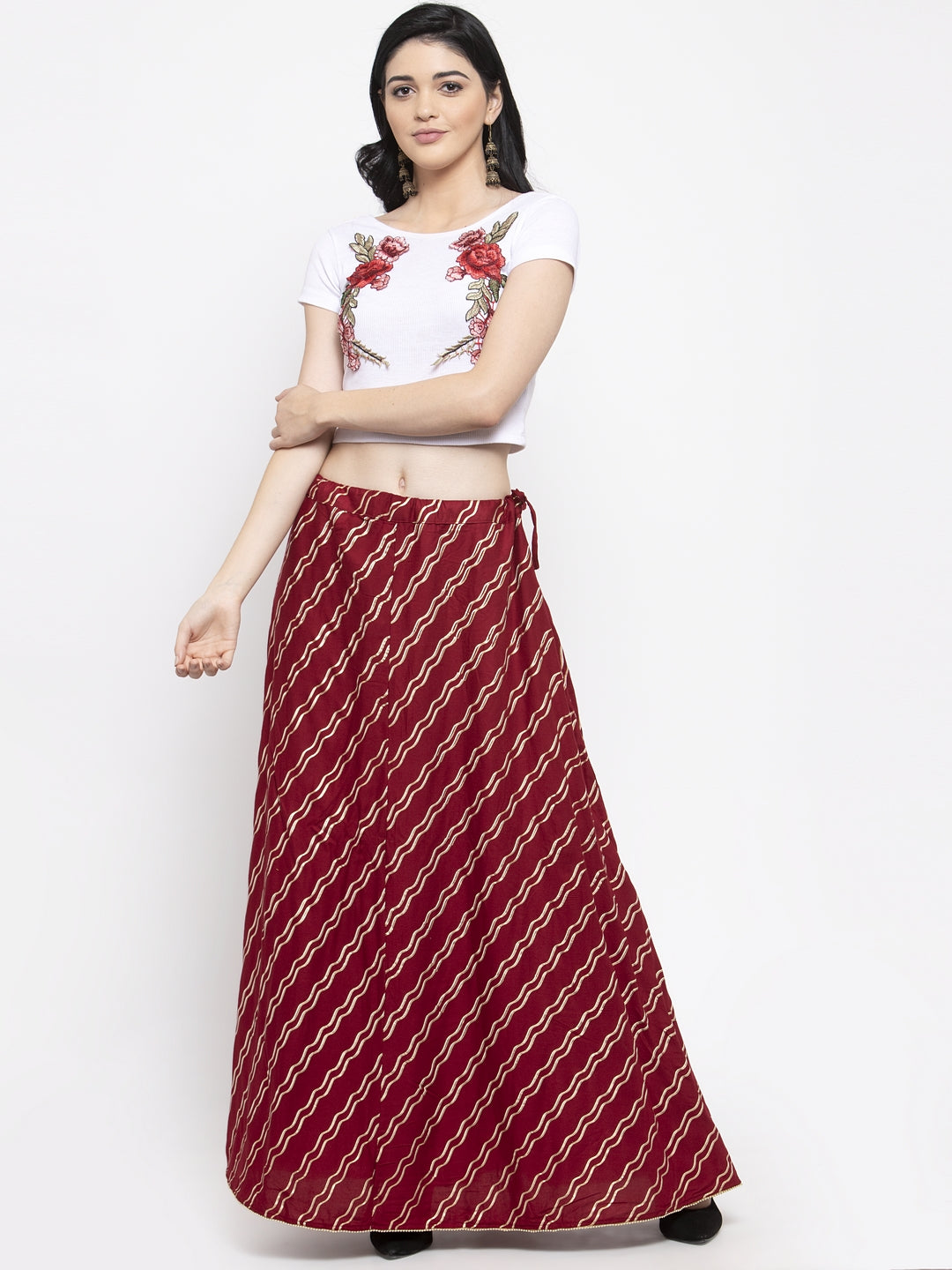 Clora Maroon Printed Flared Rayon Maxi Skirt