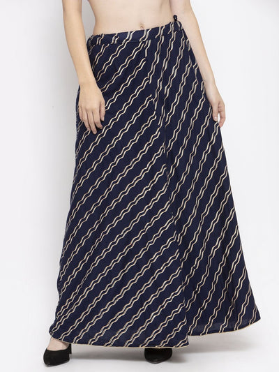 Navy blue printed flared rayon skirt for women.