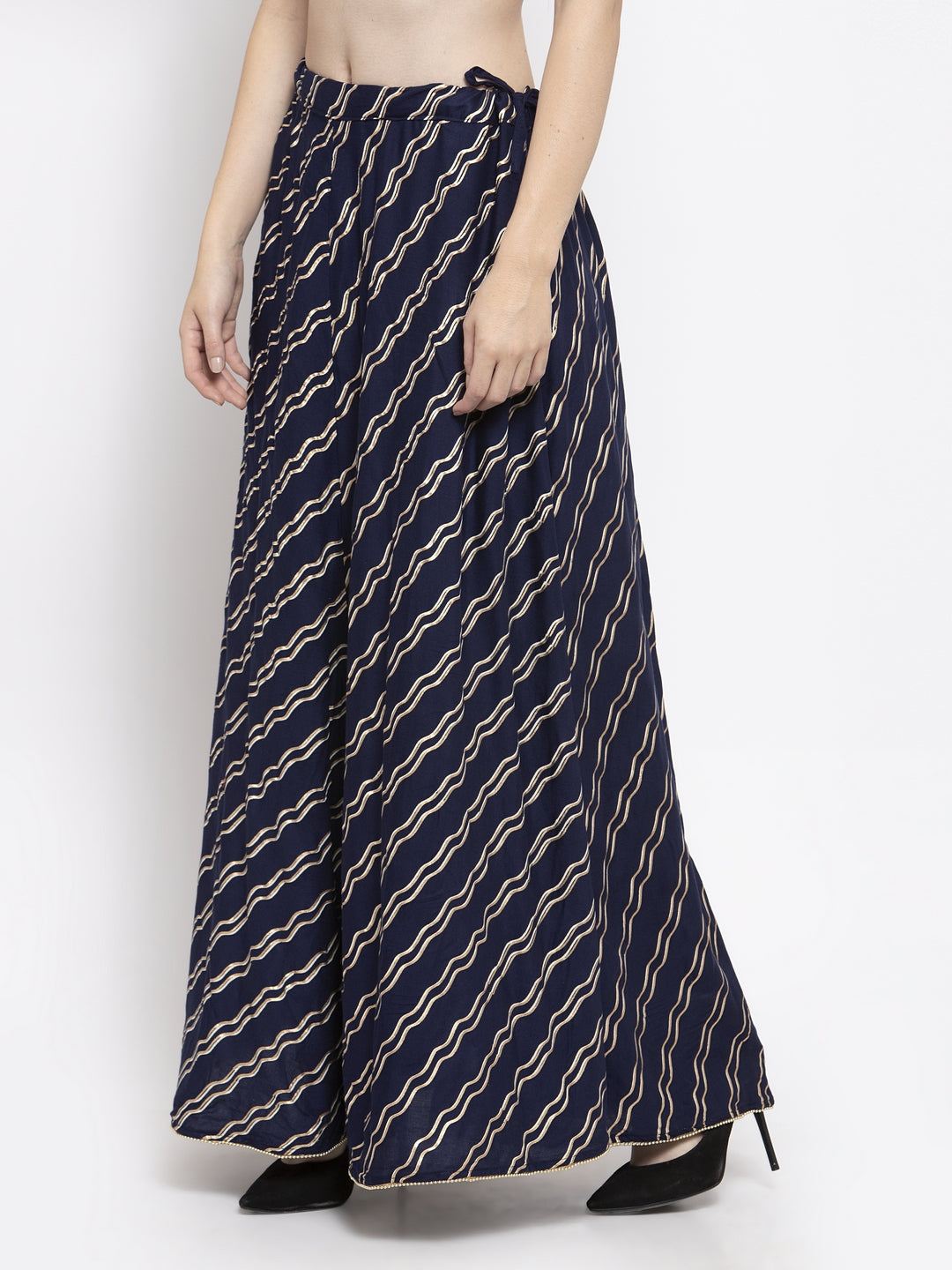 Navy blue printed flared rayon skirt for women.