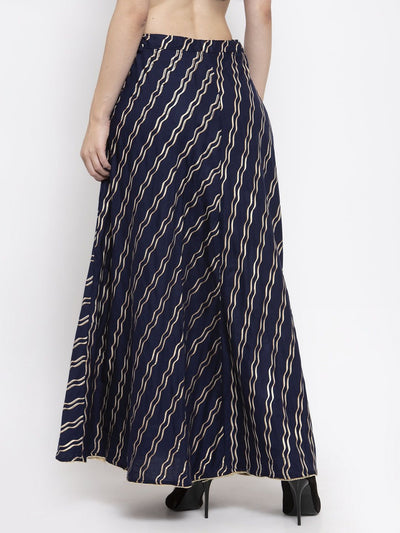 Navy blue printed flared rayon skirt with a wavy pattern design.