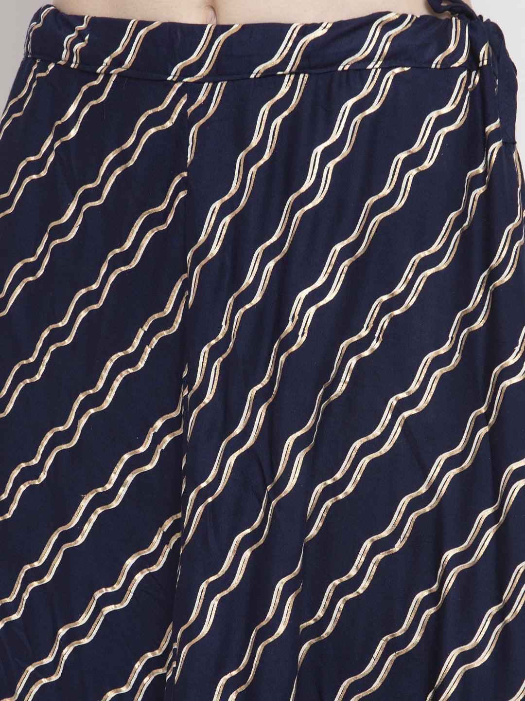 Navy blue printed flared rayon skirt with wavy gold pattern.